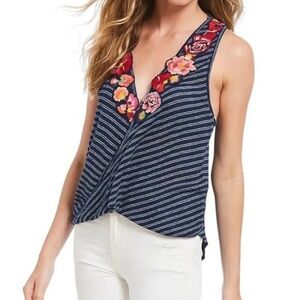 Free People Frida Navy Striped Tank Top, Floral Embroidery, Size Small